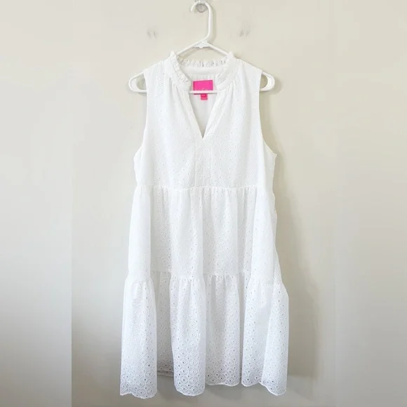 Lilly Pulitzer Novella Dress Resort White Mini Medallion Chiffon Eyelet Size L - Picture 3 of 11